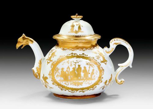 TEAPOT WITH GOLD CHINESE FIGURES,Meissen, circa 1725. The painting from the Augsburg workshop of Bartholomaeus Seuter (1678-1754, from 1726 Augsburg council authorization to fire gold and silver on porcelain).  Remains of a luster mark OJ (?). H 11 cm. The gilding somewhat rubbed in parts. Provenance: - Former E.L. Paget Collection. - Private collection, Zurich.