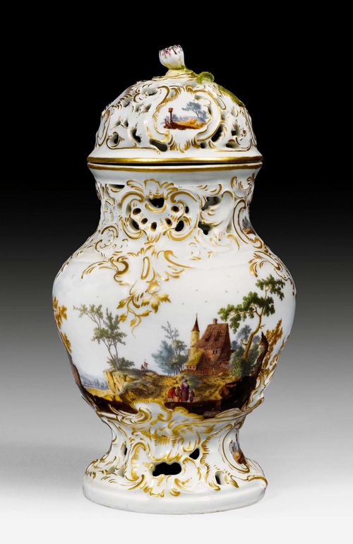 POT-POURRI VASE,Fuerstenberg, circa 1760-65. Signed by Pascha Weitsch (1723-1803). Painted by Pascha Weitsch with a circumferential landscape with castle and opposite church. Underglaze blue F, painter’s mark W in gold on the sign at the river. H 25 cm. Finial and part of the edge of the cover restored. (2) Provenance: Prof. Herbert Albrecht collection, Rheinfelden. Illustrated in: S. Ducret, Fuerstenberger Porzellan, II, 1965, p. 105 ill. 97.