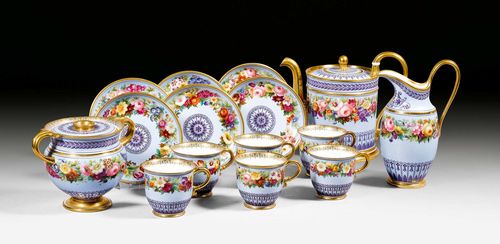 LOUIS PHILIPPE' TEA SERVICE WITH FLORAL DECORATION,Sevres, circa 1834-45. Comprising: 1 teapot and cover, 1 sugar bowl and cover, 1 milk jug, 12 cups and saucers. Monogram marks LP with year numbers for 1835 and 1838 printed in blue, various incised marks, gilder's marks A.38 on some pieces. H teapot 18 cm. (17)