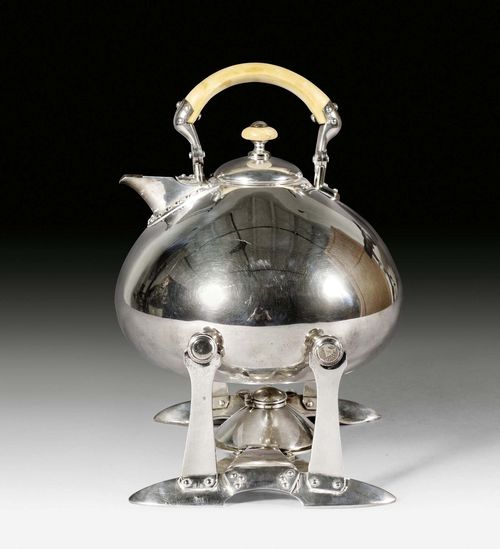 TEA KETTLE-ON-STAND,Marked Moscow 1899-1908. Assay master: Iwan Lebedkin. Maker's mark: Faberge. Incised inventory No. 23184. Modern style. The cover with bone finial.  H 23.2 cm. 1310 g.
