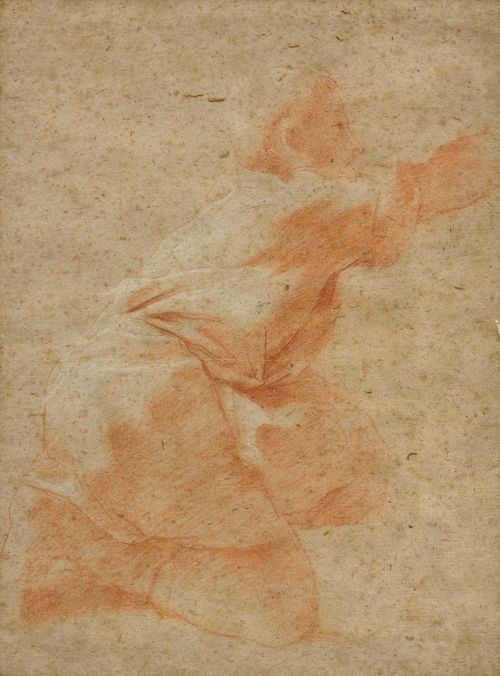 Attributed to LANFRANCO, GIOVANNI (Parma 1582 - 1647 Rome) Study of a boy kneeling. Red chalk, heightened in white. Old mount. Old inscription and numbering (?) on mount on lower edge in brown pen: Cant.Gio Lanfranchi 212 33.2 x 25 cm. Framed.