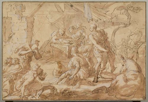 SCHOOL OF EMILIA-ROMAGNA, CIRCA 1600 The adoration of the Shepherds at the crib. Brown pen and brush, over red chalk preparatory drawing and heightened in white. On an old mount, the outer line in brown pen. 27 x 39.5 cm. Provenance: - collection of Luigi Genevoisio, (1719-1795), Turin, Lugt 545 - collection of J. C. Ritter von Klinkosch, (1822-1888), Vienna, Lugt 577 - collection of Ed. Schultze (d. circa 1900), Vienna Lugt 906