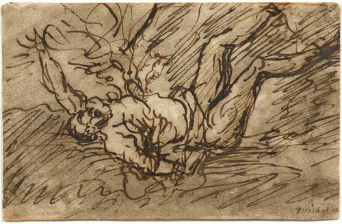 ROSA, SALVATOR (Arenella 1615 - 1673 Naples) Sketches for Prometheus. Verso: figure studies. Brown pen with brown wash. Traces of red chalk. Inscribed lower right in brown pen: Michel... 10.7 x 16 cm. Framed.