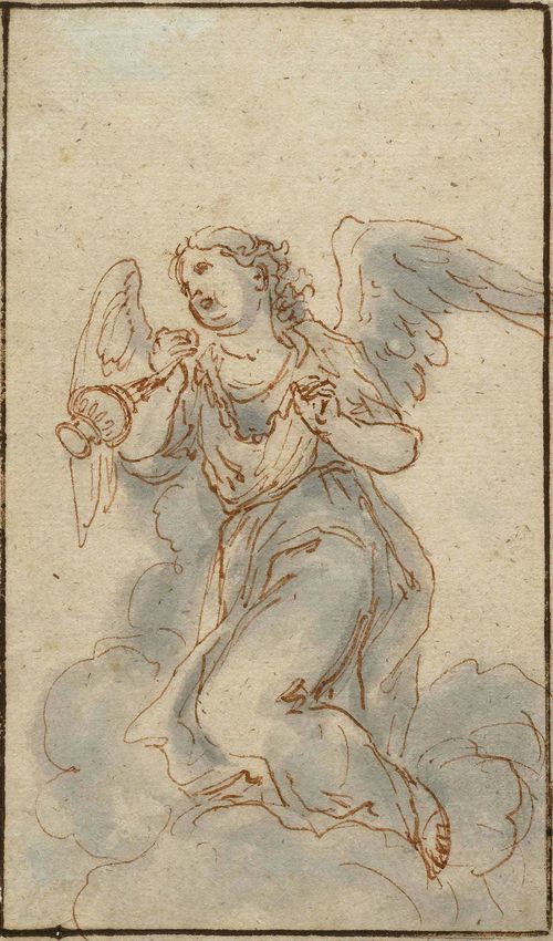 DEGLER, JOHANNES (Vilnöss 1666 - 1729 Tegernsee) Angel with incense holder. Brown pen, grey wash. On laid paper with watermark. Buchstabe F (fragment). Black pen outer line. 14.5 x 8.2 cm. Framed.