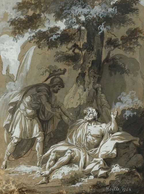 MOITTE, JEAN-GUILLAUME (1746 Paris 1810) Mythological scene with Eteocles. Brown pen and brown wash, heightened in white. Signed and dated in white pen lower right: Moitte 1769. 19.7 x 14 cm. Framed.
