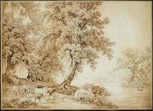 DE LA RIVE, PIERRE LOUIS (Geneva 1753 - 1817 Presinge) Landscape with trees, with cows and sheep by a watercourse. Pen and brush in brown over black crayon. Signed, dated and numbered in pen lower right: de la Rive 1803; 27. Old mount. 55 x 76 cm. Framed. Provenance: - Norbury, Derbyshire, England (according to a handwritten note verso)