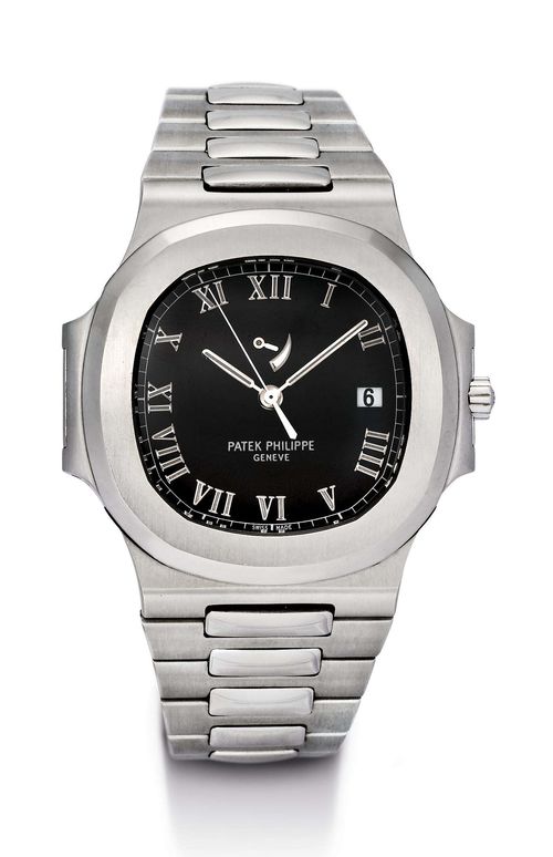 PATEK PHILIPPE NAUTILUS WITH POWER RESERVE, GENTLEMAN'S WRISTWATCH, 2006. Stainless steel. Ref. 3710-1A, cushion-shaped, polished case No. 4291663, screwed lunette, sapphire glass, crown with crown protection. Black dial with appliqued, Roman numerals in white gold and luminous hands in white gold, central second, data at 9h, power reserve at 12h. Automatic movement No. 3415227 calibre 330 SC with 29 rubies. Band with double-fold-over clasp. D 44 x 42 mm. With original certificate and case.