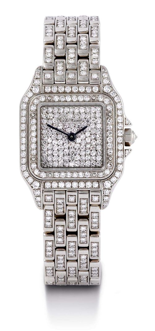 CARTIER PANTHÈRE DIAMOND LADY'S WRISTWATCH, 1990s. White gold 750. Square case No. 3057915 00485 set throughout with diamonds. White gold crown set with a diamond, screw-down back.  White gold dial with blued hands. Quartz movement. White gold link band set throughout with diamonds, double fold-over clasp. D 30 x 22 mm.