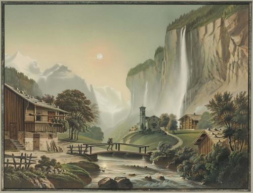 KÜCHLIN, JAKOB (Diessenhofen 1820 - 1885 Winterthur).Alpental mit Lauterbrunnen und Staubach. Gouache, 42 x 56 cm. Signed and dated lower right: Jaques Küchlin pinxit 1875. With outer line in black brush and margin in grey gouache. Gold frame. - In outstanding untouched condition.