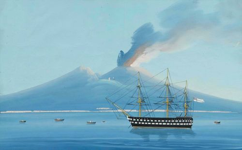 ITALY.-Smoking Vesuvius with three-master at anchor in the foreground.  Gouache, 43 x 63 cm. With black pen outer line and grey gouached margins. In decorative old frame. Good condition.
