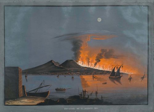 ITALY - NAPLES.-Anonymous, 19th century. Nocturnal eruption of Vesuvius: Eruzione de 12. Agosto 1806. Gouache, 32 x 44 cm. With black pen outer line and grey gouached margins. Entitled and dated below the image in white pen. Old frame. – With slight rubbing mostly in the margins, with small colour losses. - Overall good condition.