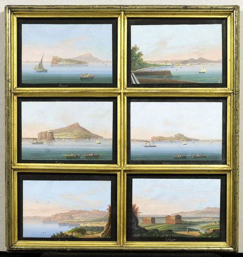 ITALY - NAPLES.-Anonymous, 19th century. Lot of six views of Naples and the surrounding area: 1. Procida 2. Napoli della terrazza della Villa 3. Ischia 4. Capri 5. Sorrento 6. Pesto. Gouaches, each ca 14 x 20 cm. With black gouached margins, each entitled below the image in white pen. Framed together in an old gold frame. Minor waving and rubbing. In fine condition.
