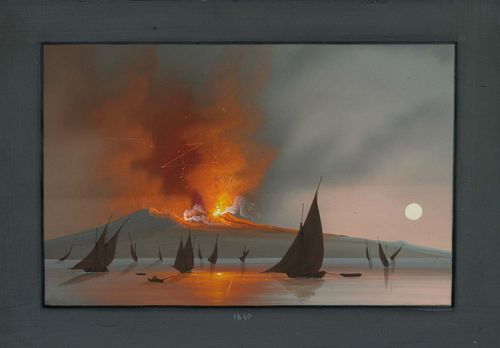 ITALY - NAPLES.-Lot of two views of nocturnal eruptions of Vesuvius: 1. Vesuvius, 1840. Gouache, 24 x 32 cm (sheet size). With black pen outer line and grey gouached margin. Dated in the margin. Framed. 2. Vesuvius spewing fire. Gouache, 18 x 23 cm. Signed lower right: Gaetano de Vito. Framed. – Both views in very good condition.