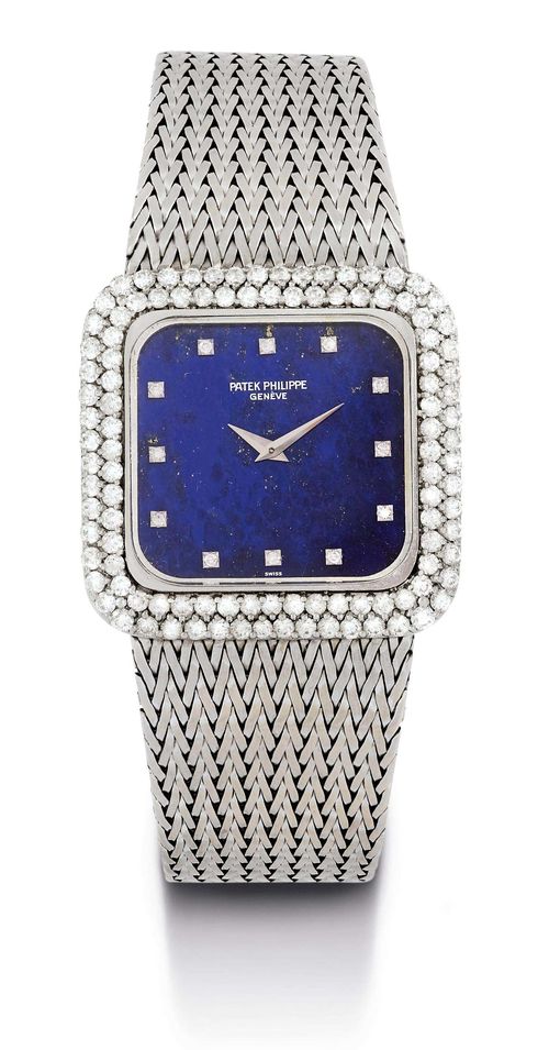 PATEK PHILIPPE WRISTWATCH, ca. 1970s. White gold 750. Ref. 3622-1, square case No. 2760122, broad lunette set throughout with ca. 100 diamonds, square sapphire glass, pressed back. Blue lapis lazuli dial with diamond indices, white gold hands. Round, hand winding movement No. 1275753, Cal. 16-250. Integrated braided band in white gold with ladder clasp (total length 16.5 cm). D 32 x 32 mm.