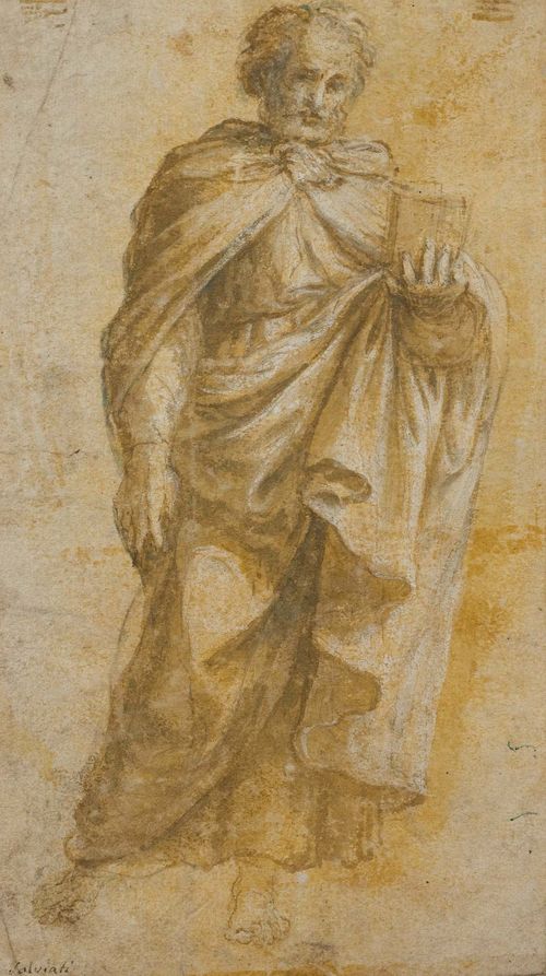 VENETIAN SCHOOL, CIRCA 1600 John the Apostle. Pen and brush in brown, heightened with white. With traces of grey pen.  Old inscription lower left in pen: Salviati. 22 x 11.5 cm. Framed.