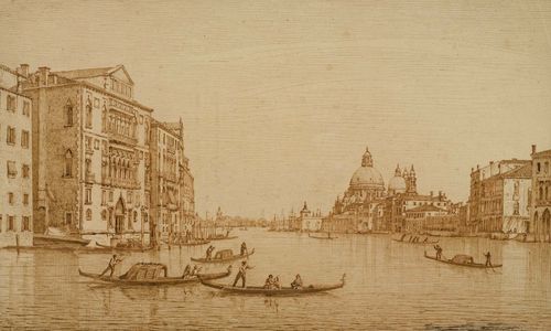 VENETIAN SCHOOL, 19TH CENTURY The Grand Canal in Venice. Brown and black pen. 26 x 44 cm. Old gold frame.