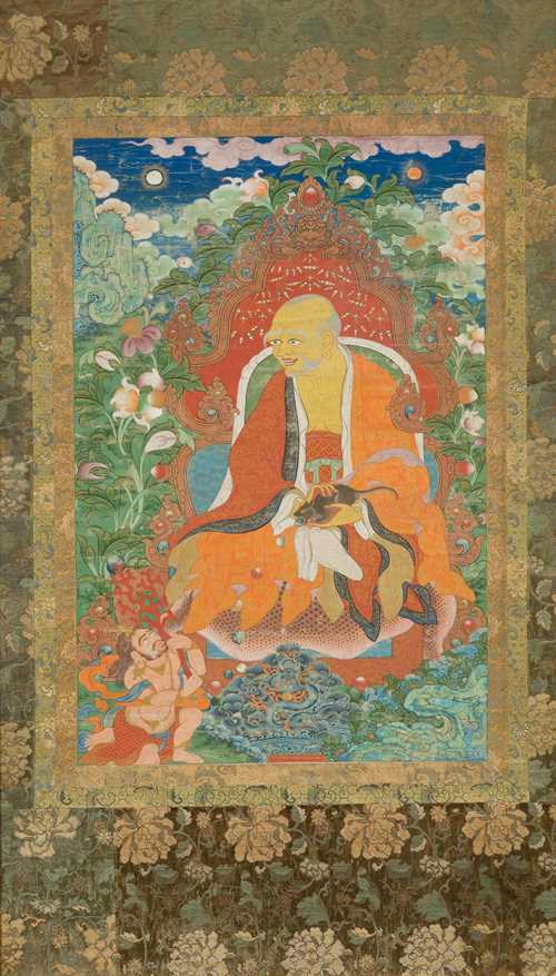 A FINE AND LARGE THANKA OF ARHAT BAKULA. Tibet, 18th c. 92x60 cm. Brocade mounting, framed under glass.