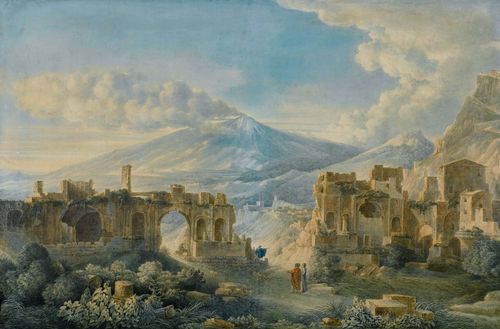 DESPREZ, LOUIS- JEAN (Auxerre 1743 - 1804 Stockholm) The antique theatre of Taormina with a view of Etna. Watercolour on paper laid on canvas. 68 x 103 cm. Old gold frame.