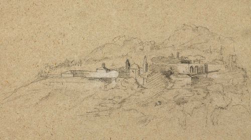 BÖCKLIN, ARNOLD (Basel 1827 - 1901 San Domenico near Fiesole) Hilly southern landscape with settlement. Circa 1850-52. Black and white chalk. Inscribed in the image by an unknown hand: AB. Attached to grey-blue board. Old inscription on board in brown pen: A.Böcklin; old inscription lower right: Aus der Montmorillon-Maillinger'schen Sammlung. Verso old inscription by unknown hand: Böklin. 16.8 x 28 cm. Framed. Provenance: - collection of Arthur Georg Freiherr von Ramberg, acquired by him in 1862 directly from the artist. - estate auction of von Ramberg at the Montmorillon auction house Munich, 11.12.1876 - collection of Joseph Maillinger, Munich, 1876 - Private collection, Switzerland Our thanks to Dr. Hans Holenweg for his expertise. The work will be included in the volume of corrections and supplementary material to the catalogue raisonné of the drawings of Böcklin, Basel 1998, listed under number 206a (note 14 Dec. 2012).