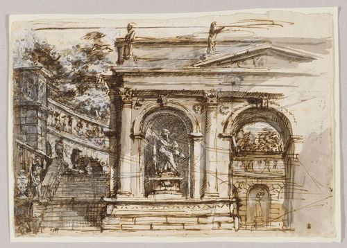 ROMAN, 18TH CENTURY Baroque garden architecture and flight of steps leading to a park. Brown pen, brush in grey and grey-brown, heightened with white. 22 x 31.4 cm.