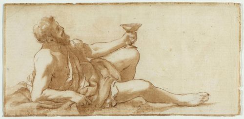 ITALIAN, 1ST HALF OF THE 18TH CENTURY Bacchus reclining with goblet. Brown pen and brush. With brown pen outer line. 9.5 x 19 cm.