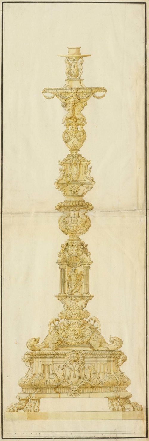 MANNOCCHI, GIUSEPPE (1726 - 1782) Design for a candelabra. After Michelangelo Bunoarotti. Brown pen and brush. With black pen outer lines. Inscribed, signed and dated below the image: Gandeliere die Michelangelo Bona Rotti, Giuseppe Manocchi Agomano 1770. 94 x 34 cm. Framed.