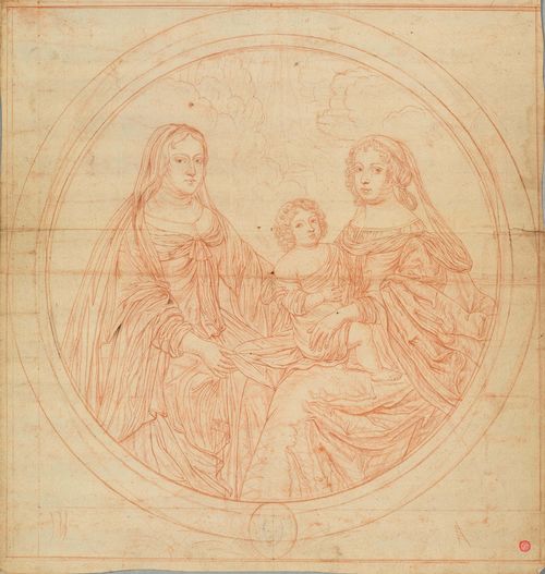 Workshop of CHAMPAIGNE, PHILIPPE DE (Brussels 1602 - 1674 Paris), Two women with a child. Draft for an engraving. Red chalk. Red chalk verso. 41.2 x 39.8 cm. Provenance: - Hugues Fontanet collection, Geneva, Lugt 4256