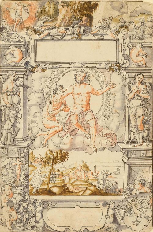 SWITZERLAND, 16TH CENTURY Christ in a wreath of clouds over a landscape. Design for a window. Black pen, grey wash, watercolour. 31.5 x 21.1 cm. Provenance: - Collection of  Dr. Carl Robert Rudolf (1884 -), London, Lugt 2811b