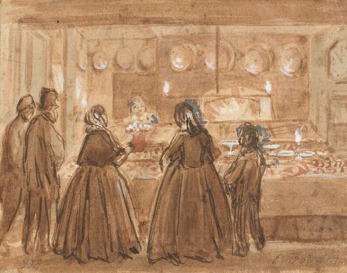 BOUDIN, EUGÈNE LOUIS (Honfleur 1824 - 1898 Deauville) At the Patisserie. Brown pen, partly watercoloured, heightened with white. Signed lower right in pencil: E. Boudin. Dated lower left: 1879 11 x 15 cm. Framed.