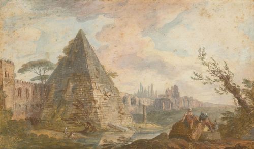 ANONYMOUS, 18TH CENTURY Landscape of ancient ruins with pyramid. Gouache, watercolour. 21.5 x 37 cm. Framed.