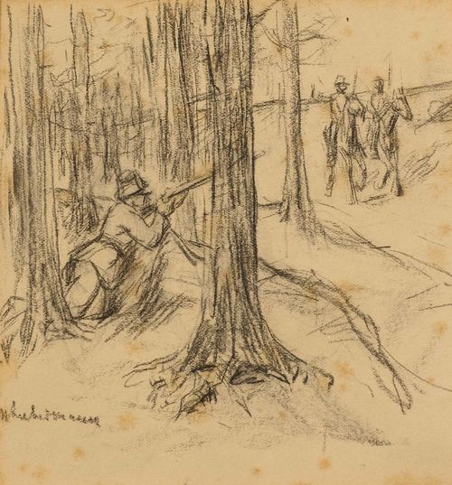 LIEBERMANN, MAX (1847 Berlin 1935) Three soldiers at the forest edge. Black chalk. Signed lower left: M.Liebermann 16 x 14.5 cm.