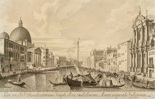 ITALY - VENICE.-Two drawings of views of Venice after engravings by Antonio Canal il Canaletto, 1751: 1. Hinc ex Aede Charitatis, illinc ex Regione Sancti Vitalis usque ad Telonium 2. Hinc ex F.F. Discalceatorum Templo, illinc ex S. Simeone usque ad Fullonium. Pen and brush in grey. 27.5 x 40 cm and 27 x 42.5 cm. Sheet two with old inscription in brown pen lower right in text band: Canaletto. Framed as decorative pair. Minor foxing, otherwise very fine condition.