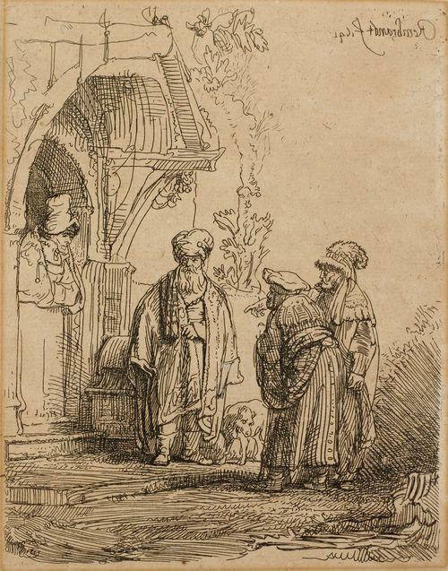 REMBRANDT, HARMENSZ VAN RIJN (Leiden 1606 - 1669 Amsterdam).Three Orientals (Jacob and Laban?), 1641. Etching, 14.5 x 11.5 cm. Bartsch 118; Nowell-Usticke 118 II; White/Boon (Hollstein) 118 II. – Fine, clear impression with small margin around the plate edge. Light even browning and visible sunning. Overall good condition.