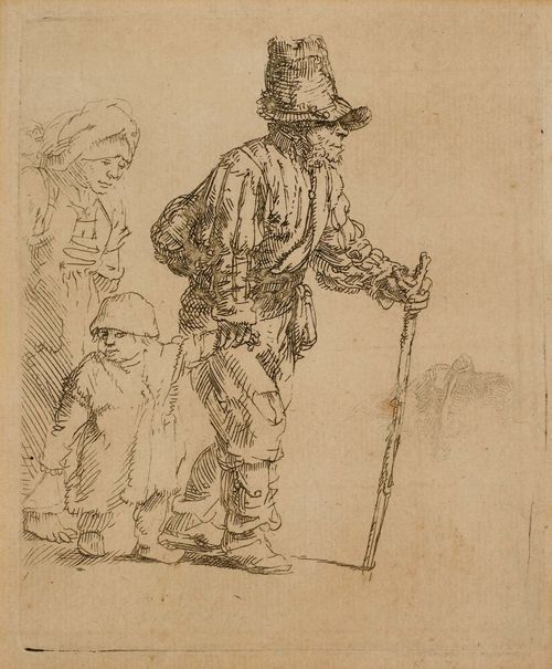 REMBRANDT, HARMENSZ VAN RIJN (Leiden 1606 - 1669 Amsterdam).Peasant with wife and child, circa 1652. Etching, 11.1 x 9.3 cm. Bartsch 131; Nowell Eusticke 131 probably III (of IV). – With margin (ca. 0.5 cm) around the visible plate edge. Even, slightly faint impression. The paper somewhat evenly browned and the outer edges with slight sunning. One thin patch in the centre of the staff. Overall good condition.