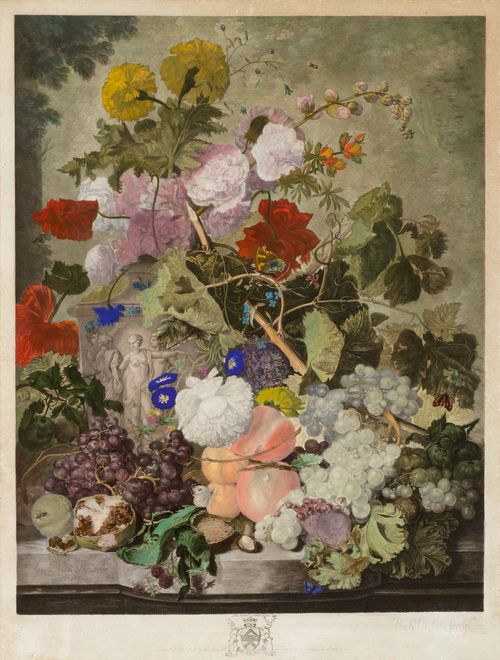 EARLOM, RICHARD (1743 London 1822).After Jan van Huysum. 1. Still life of flowers and fruits, 1781. 2. Still life of flowers, 1778. Coloured mezzotints. Each 55 x 41.8 cm. Published by John Boydell 1778 and 1781, London. Framed as a pair.