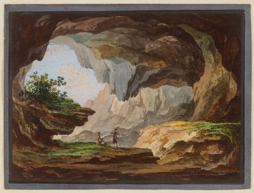 Circle of WOLF, CASPAR (Muri 1735 - 1798 Mannheim), Lot of two sheets. . Die Beatushöhle am Thunersee mit Besucher 2. Die Beatushöhle mit Maler an einer Staffelei. Watercolour and gouache. With black brush outer line. Both sheets monogrammed and dated: CW 95. Each 12.2 x 17.2 cm. Provenance: - Hentsch family, Geneva