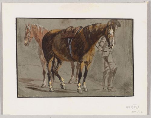 BRUN, LOUIS-AUGUSTE called BRUN DE VERSOIX (Rolle 1758 - 1815 Paris) Study of a horseman and two horses. Pencil, gouache, heightened with white, on paper with grey gouached surface. 15.1 x 22 cm. Provenance: - Fred Strasser, Geneva - Collection of  Carmen Fontanet, Geneva, Lugt 3225