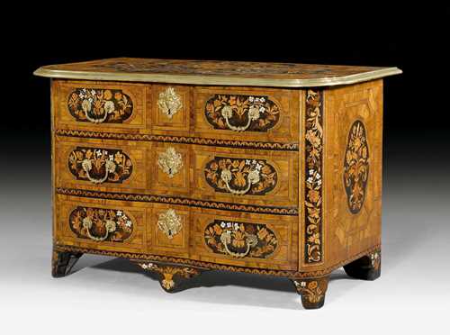 COMMODE "A FLEURS", Louis XIV/Regency, with so-called "marqueterie au jasmin" after designs from Paris master workshops, by T. HACHE (Thomas Hache, 1664-1747), Grenoble circa 1710/20. Ebony, rosewood, maple, amaranth, olive wood and mother-of-pearl with exceptionally fine inlays on all sides. The top edged in bronze. The front with 3 drawers. Fine, partly replaced bronze mounts and applications. 135x69x83 cm. Provenance: - Swiss private collection. - Koller Zurich Auction, 20.03.2001 (Lot No. 650). - From a Swiss collection.