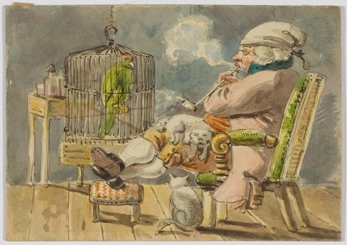 TÖPFFER, RODOLPHE (1799 Geneva 1846) Interior with man smoking and a parrot. Black crayon, grey pen, watercolour. 9.8 x 14 cm. Provenance: - Collection of  Francois Fatio, Geneva