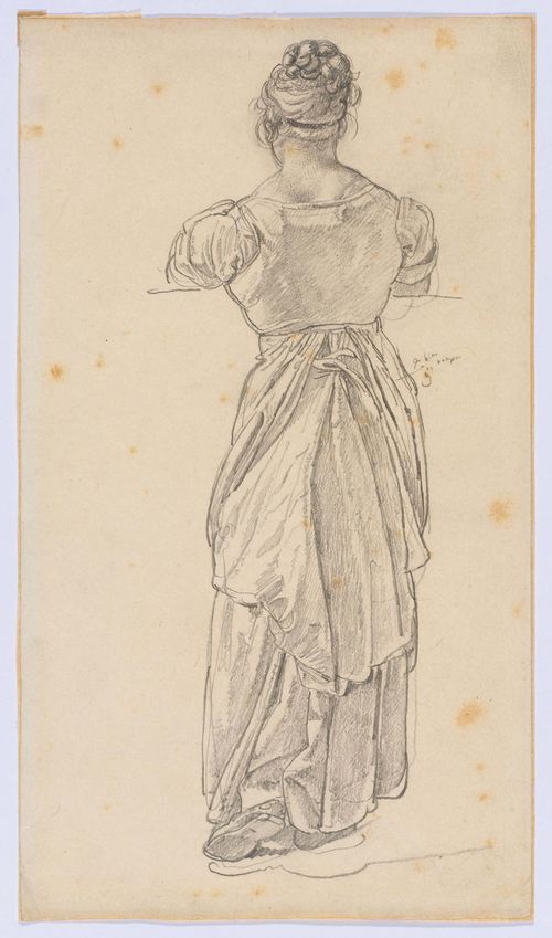TÖPFFER, ADAM-WOLFGANG (1766 Geneva 1847) Study of a young woman, seen from the back. Black chalk. Inscribed within the image. 21.6 x 16.5 cm.