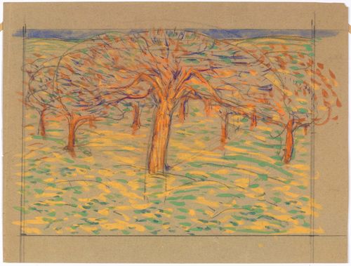 SCHMIDT, ALBERT (1883 Geneva 1970) Meadow with flowering fruit trees. Watercolour, black chalk. 37.6 x 48.3 cm. Provenance: - Collection of  Claude Schmidt, the artist’s grandchild