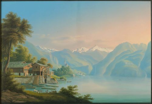 BERN - CANTON.-Attributed to Johann Ludwig Bleuler (1792-1850) Der Brienzersee mit Blick auf den Susten. Gouache, 32 x 47 cm. Black brush outer line, and grey gouached margins. With topographic notations below the image: Hasliberg. Brienz. Susten. Oltschibach. Brienzersee. Giessbach. Framed. – The margins slightly cut, the lower margin slightly rubbed. The sky section stale in parts. Verso slight browning and some foxing. Otherwise good condition.
