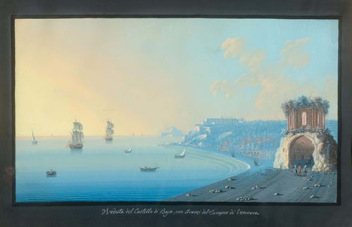 ITALY. -Lot of two views, circa 1850. 1.Veduta del Castello di Baja, con Avanzi del Tempio di Vennere. 2. Veduta del Lago di Averna e Tempio di Apollo. Gouaches, heightened with white. Each 32.5 x 50 cm. Black brush outer lines and black-grey gouached margins. Both sheets entitled on centre bottom margin in white crayon. Both views with old inscription verso in brown pen: Zwingli. In frames of the period as a pair. With scattered insignificant rubbing in the margins, minor traces of handling. Overall in fine condition with fresh colour.