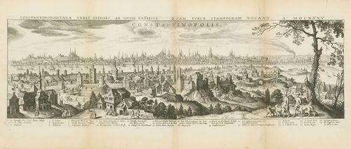 CONSTANTINOPEL.-Matthäus Merian (1593-1650). Constantinopolis - Constantinopolis Urbis Effigies, ad Vivum Expressa ... , circa 1635/50. Copper engraving, 23 x 70 cm (printed from two plates). – With margin around the plate edge. The vertical central fold somewhat browned. The broad margins with light wear and scattered minor tears. Overall good condition.