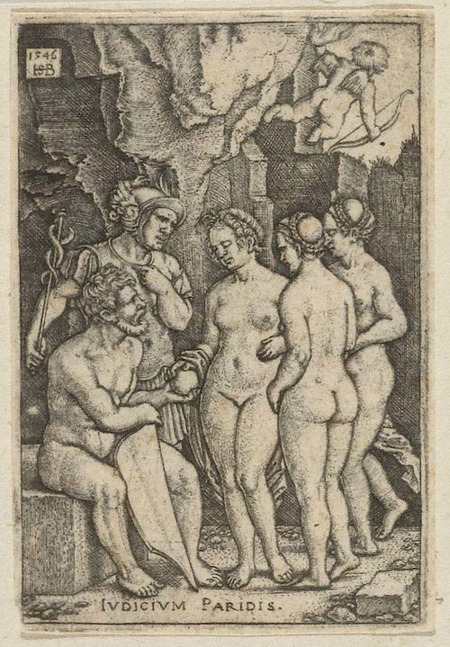 BEHAM, HANS SEBALD (Nuremberg 1500- 1550 Frankfurt a.M.)Paris reicht den Apfel, 1546. Copper engraving, 7.1 x 4.7 cm. Bartsch 89; Pauli 92 II (of II). – Even impression with fine margin around the plate edge. With minor paper loss on lower left corner. Overall good condition. Also included: same artist. Cimon und Pero, 1544. Copper engraving, 7.2 x 4.8 cm. Bartsch 75; Pauli 79 III (of III). Fully backed onto laid paper. With approx 2 cm tear, which extends as far as the head of Pero.