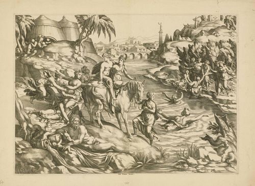 ITALIAN, 16TH CENTURY.Probably after Giulio Romano (1499-1546). Cloelia überquert den Tiber auf dem Rücken eines Pferdes. (Cloelia crossing the Tiber on the back of a horse) Copper engraving, 40 x 55 cm. Engraved inscription on lower margin: Julius Romanus Inventor. With old collectors‘ numbers.- Very fine, strong and even impression. With scattered paper damage in the broad margins. Overall good condition.