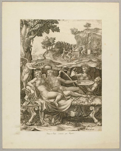 GHISI, GIORGIO MANTOVANO (1512 Mantua 1582).After Giulio Romano, 1573/74. Amor and Psyche. Copper engraving, 31.8 x 23.2 cm. Bartsch 45; Lewis/Lewis 50 IV (before the reduction of the plate on the upper edge). – Trimmed on upper and lower margin as far as the plate edge, on the left and right sides trimmed to the image. With trace of horizontal crease, attached by the corners to backing board. Overall good condition.