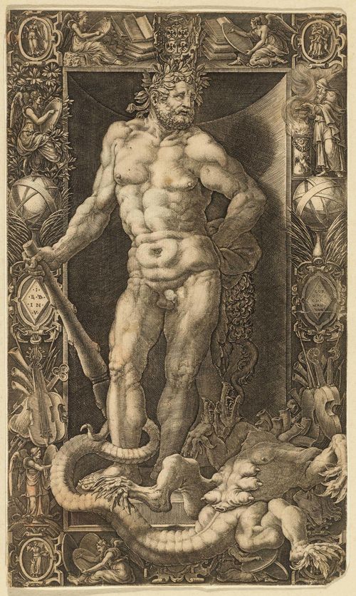 GHISI, GIORGIO MANTOVANO (1512 Mantua 1582).Herkules Viktorius über dem Haupt der Hydra. Circa 1558. Copper engraving after Givanni Battista Bertani. 34 x 20.4 cm. Bartsch 44; Lewis/Lewis 24. – Even and clear impression. Mostly trimmed to the image, sometimes trimmed into the image. Fully backed with laid paper. Several closed defects. Paper loss to the lower right corner. Traces of red chalk in parts; tiny brown spots and some wear. Despite these issues, still a good overall impression. Very rare.