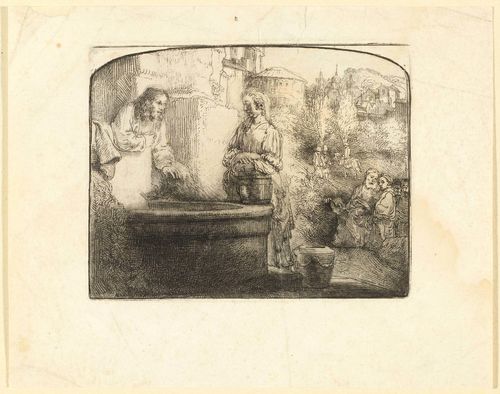 REMBRANDT, HARMENSZ VAN RIJN (Leiden 1606 - 1669 Amsterdam).Christus und die Samariterin. 1658. Etching, 12.6 x 15.8 cm (sheet size: 18.9 x 23.8 cm). Bartsch 70; Nowell-Usticke 70 IV (of V). – Mostly clear impression with broad margins. Stronger creases and faint, barely visible water damage on the lower right corner, reaching as far as the image. Small paper loss on the upper left margin. Slight traces of use.