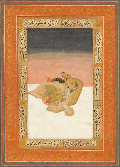 A MINIATURE PAINTING OF A FEMALE AMOUROUS COUPLE. India, Awadh, 2nd half 18th c. 13.4x8 cm. Pigment colours and gold on paper.